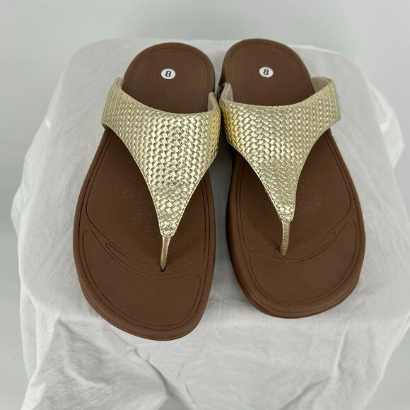 Womens Gold Metallic FitFlop Chunky Platform Slip On Thong Sandals Sz 8M 407-308 - Picture 2 of 7